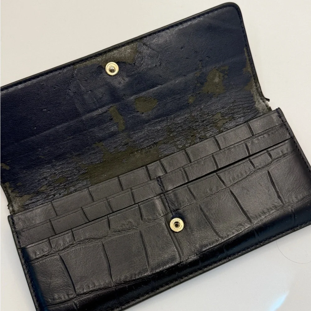 Coach Navy Blue Croc-Embossed Continental Wallet with Gold Logo